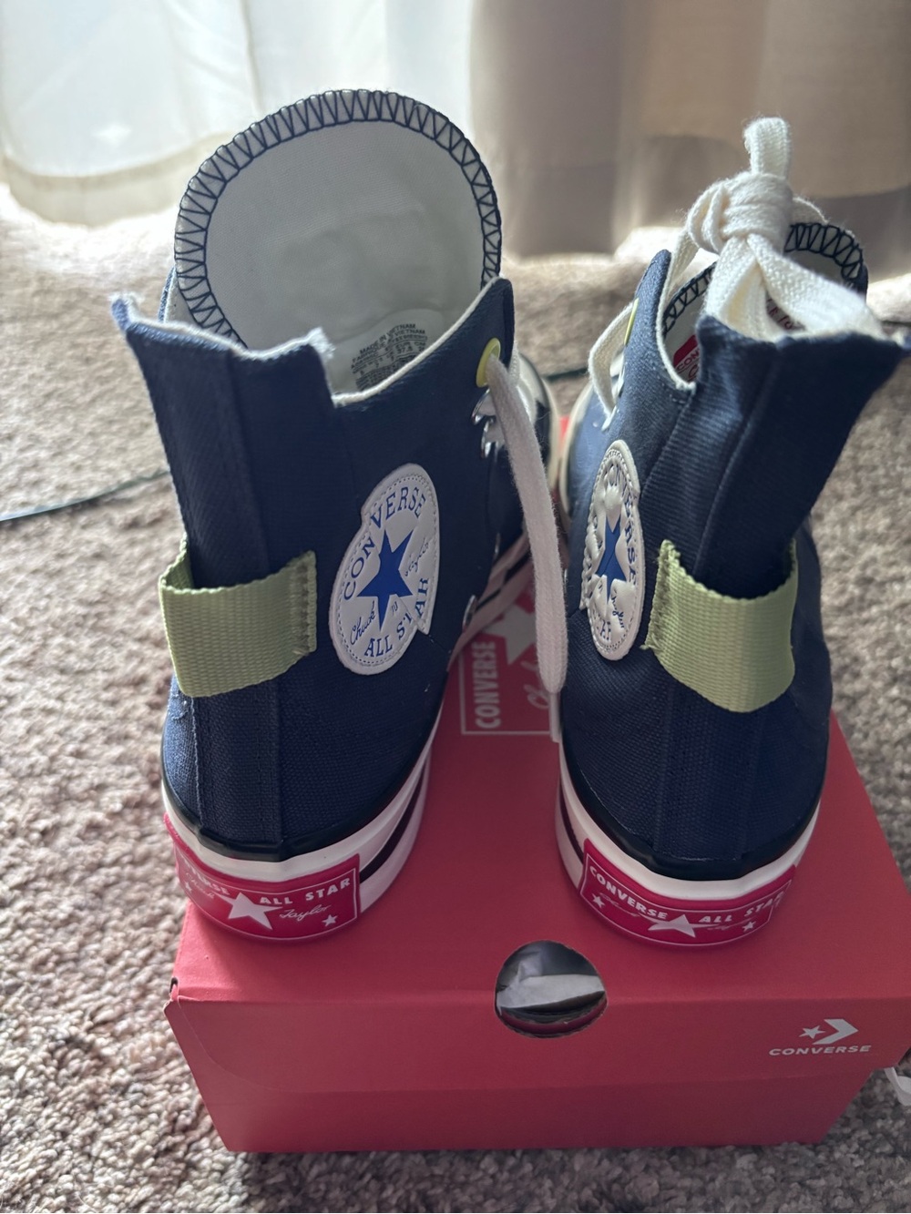 New! Converse Women Navy High-Top Sneakers with Green Strap and blue stripe heel